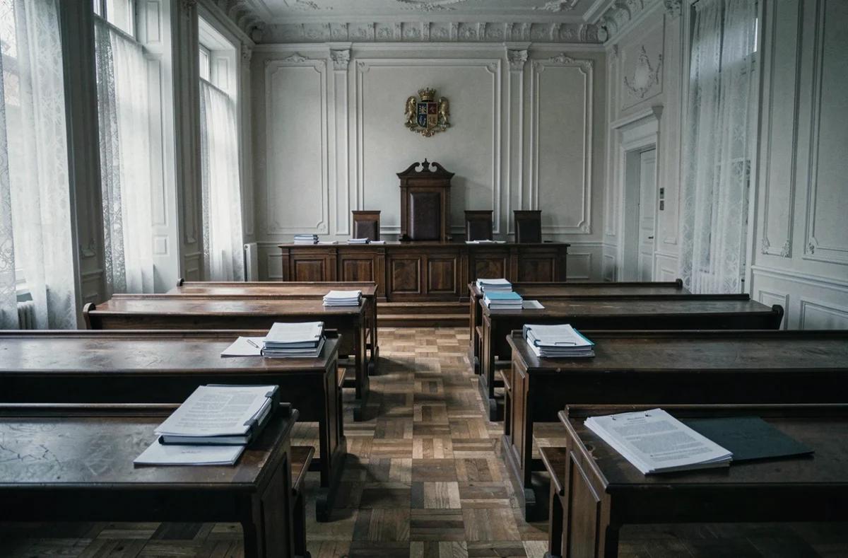 Salle d'audience d'un tribunal de commerce français évoquant une procédure de liquidation judiciaire immobilière