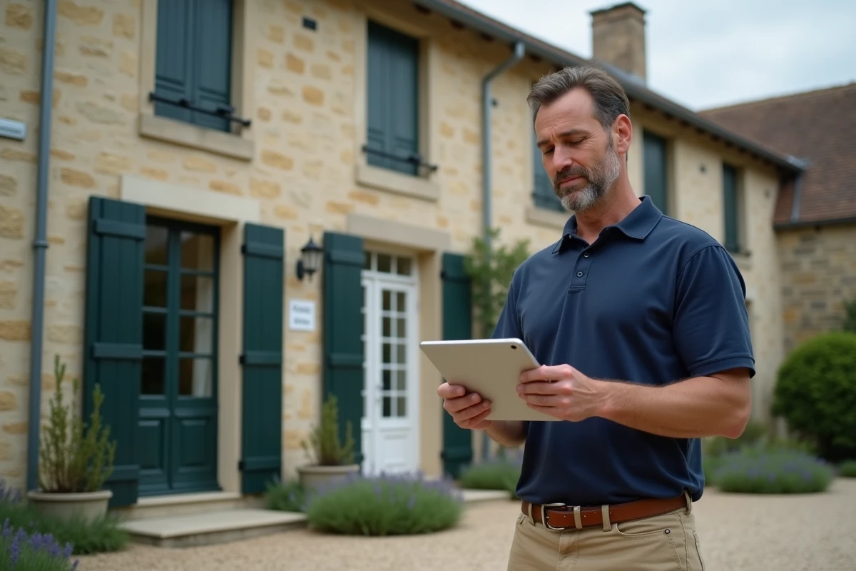 Vendeur immobilier consultant le dossier ERRIAL sur tablette devant sa maison en pierre &agrave; vendre