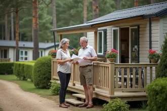 Couple de propriétaires sur la terrasse d'un mobil-home en Vendée discutant d'une vente de parcelle de terrain