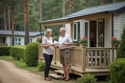 Couple de propriétaires sur la terrasse d'un mobil-home en Vendée discutant d'une vente de parcelle de terrain