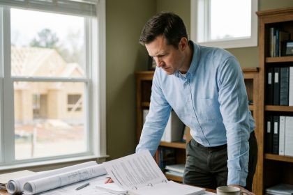 Homme vérifiant attentivement un contrat de construction dans un bureau à domicile avec des plans architecturaux et une maison en construction visible en arrière-plan