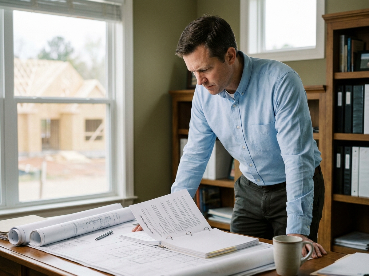 Homme vérifiant attentivement un contrat de construction dans un bureau à domicile avec des plans architecturaux et une maison en construction visible en arrière-plan