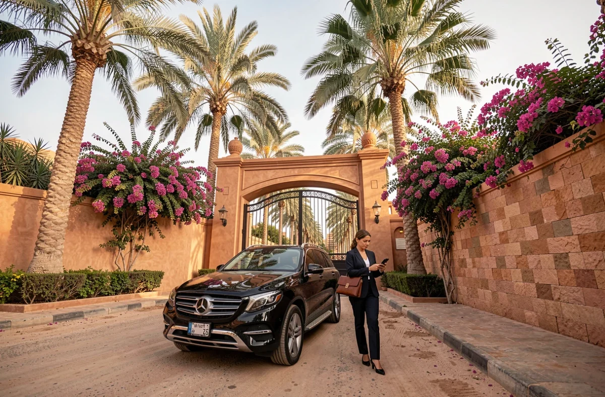 Entrée d'une villa de luxe dans la Palmeraie de Marrakech avec palmiers et bougainvillées, agente immobilière devant le portail