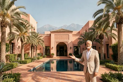 Villa moderne à vendre à Marrakech avec piscine privée et palmiers, agent immobilier devant la façade en tadelakt