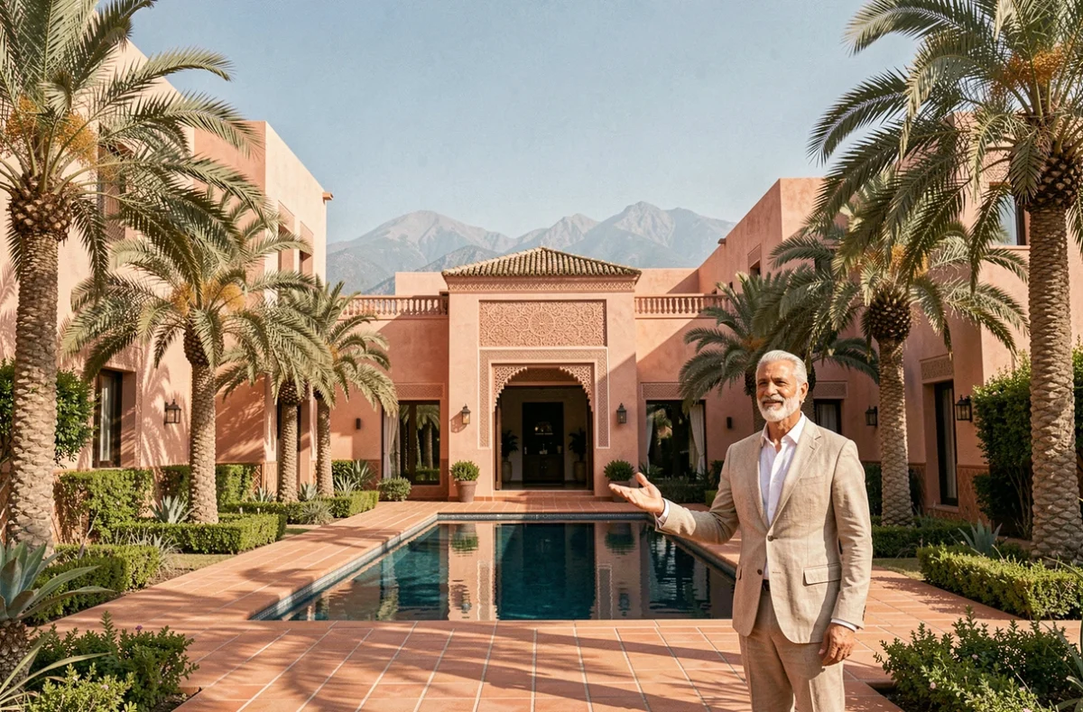 Villa moderne à vendre à Marrakech avec piscine privée et palmiers, agent immobilier devant la façade en tadelakt