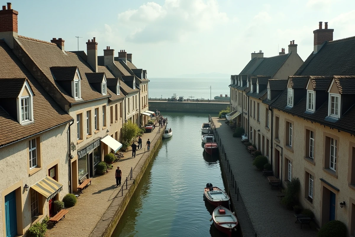 Vue panoramique d'un village côtier normand avec port de pêche et maisons anciennes à vendre
