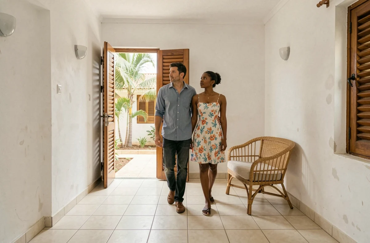 Couple d'expatriés visitant un appartement meublé à louer à Dakar avec attention aux détails
