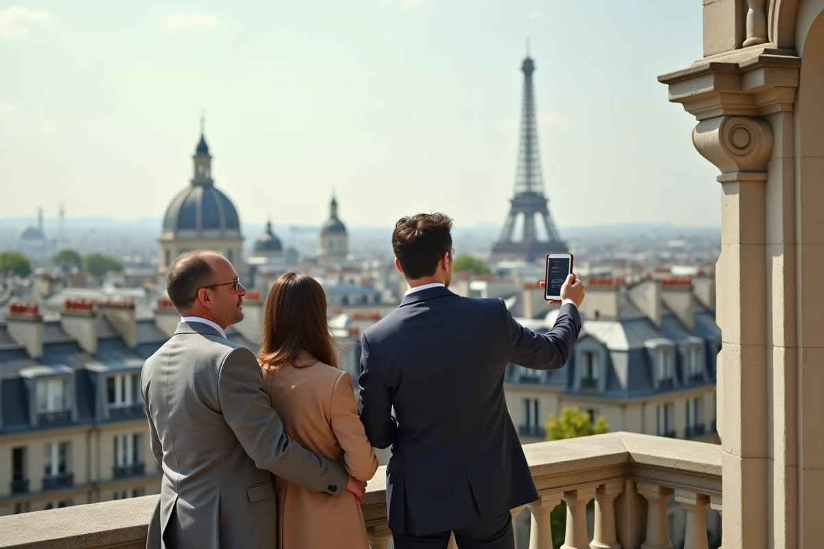 Couple visitant un appartement de prestige à Paris avec un conseiller immobilier tenant une tablette d'estimation