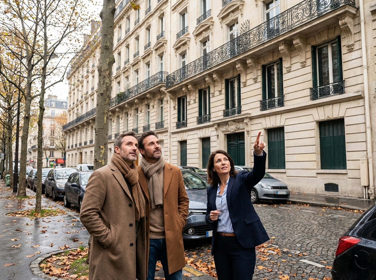 Un couple accompagné d'un chasseur immobilier visite un immeuble haussmannien dans une rue parisienne typique