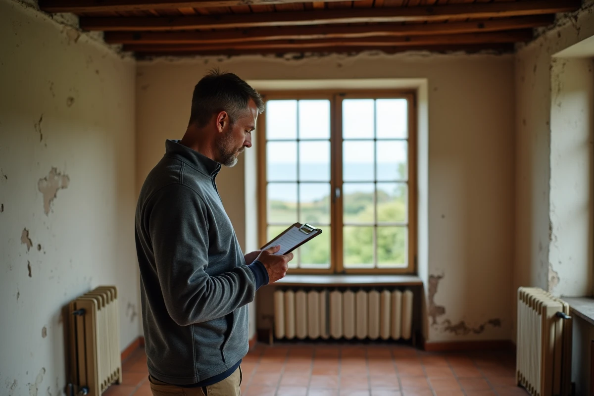 Visite immobilière d'une maison normande à rénover avec vue sur jardin et mer depuis une fenêtre ancienne